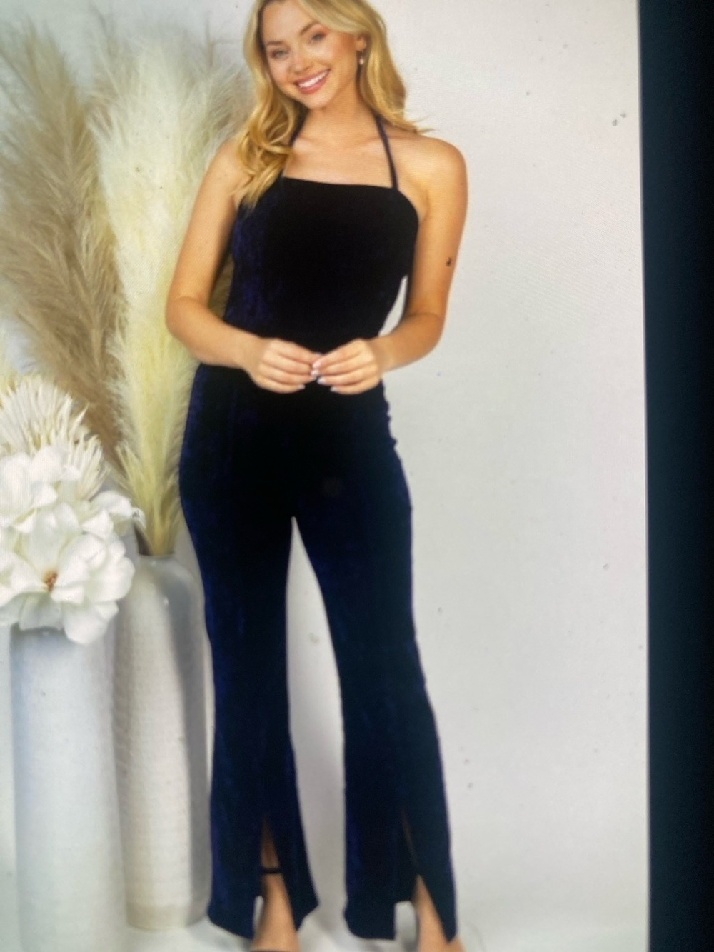 Velvet Halter Jumpsuit in Deep Navy size XL - Picture 2 of 5